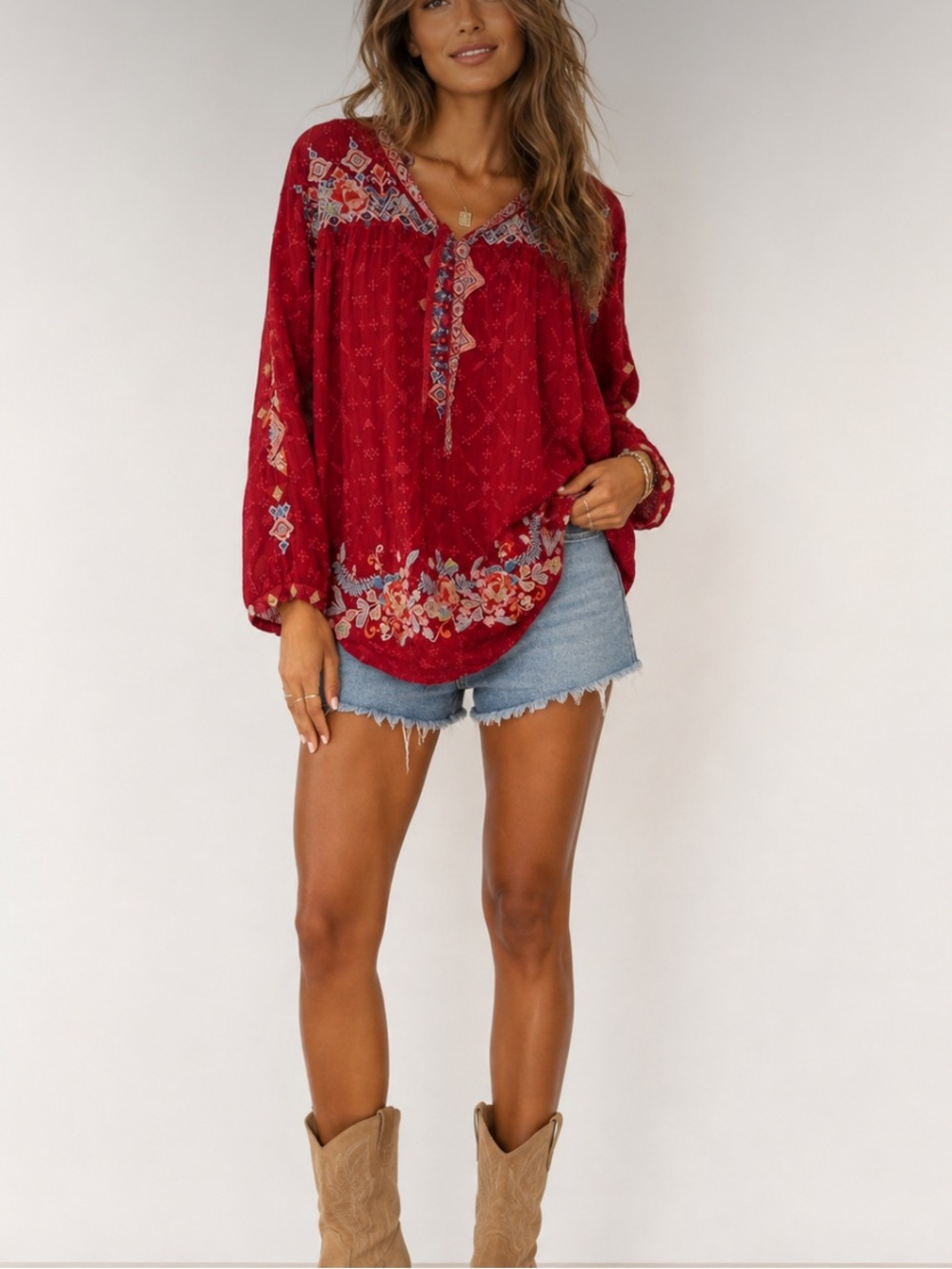 Johnny Was Womens Red Gina Embroidered Blouse Floral Geometric Top Small Boho